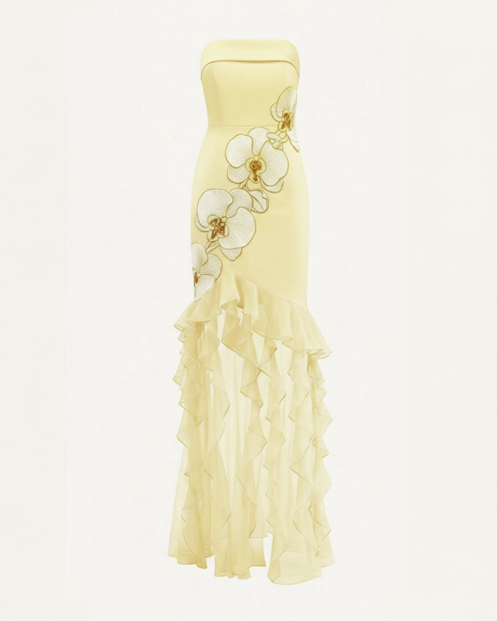 Orchid Embroidered Ruffled Strapless Maxi Dress - Pale Yellow