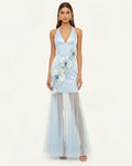 Orchid Embroidered Sheer Hem Halter Maxi Dress - Light Blue