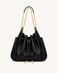 Rowan Ruched Drawstring Chain Bucket Bag - Black