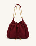 Rowan Faux Suede Quilted Chain Bucket Bag - Dark Red
