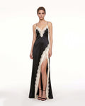 Lace Trim Fringe Slit Satin Maxi Dress - Black