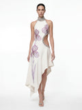 Jeweled Floral Cutout High Neck Dress - White
