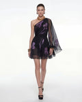 One Shoulder Floral Mesh Dress - Black