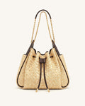 Rowan Faux Straw Ruched Drawstring Chain Bucket Bag - Brown