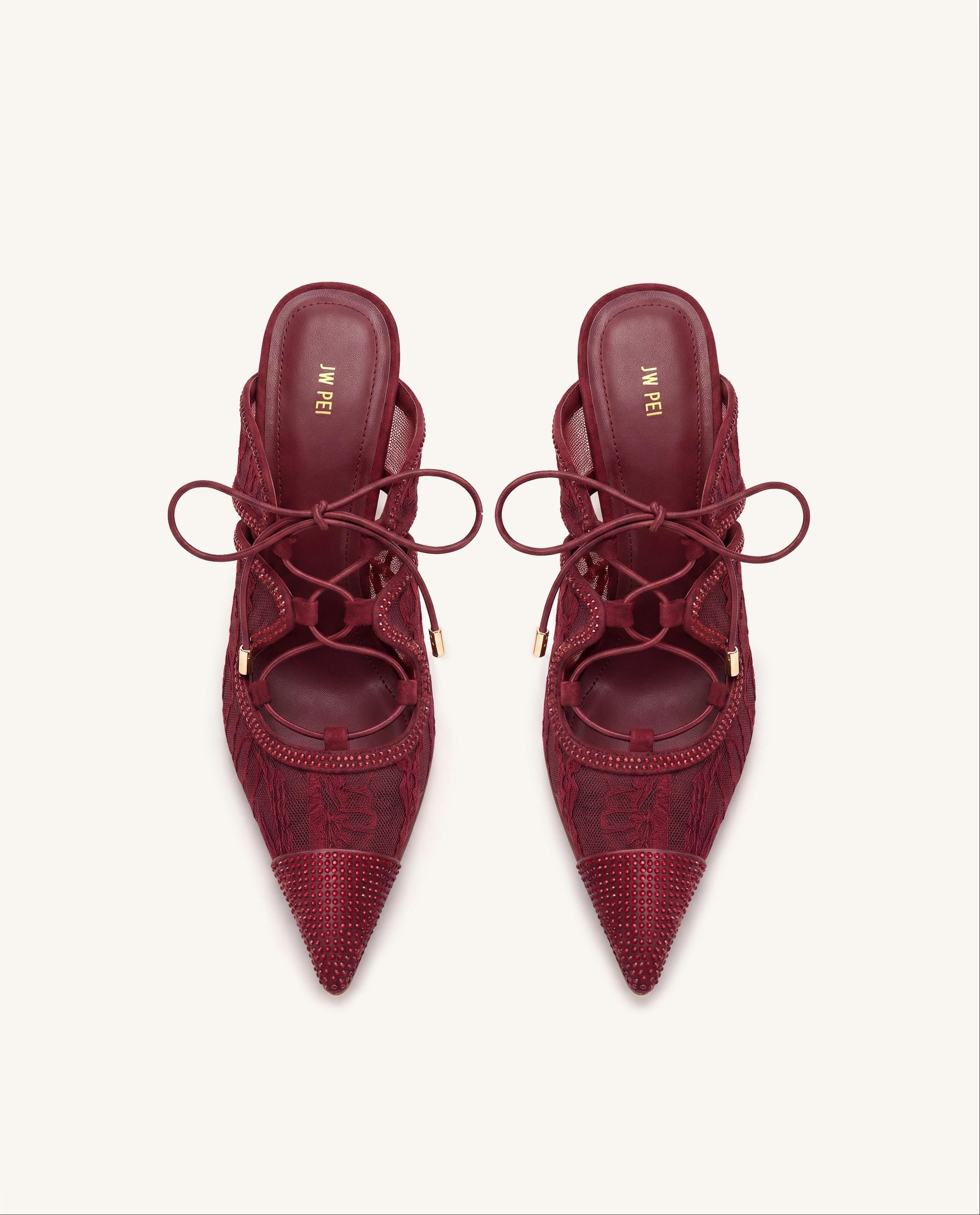 Sofia Lace Bow Mule Heels - Burgundy