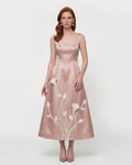 Floral Appliqué Square Neck Midi Dress - Blush Pink