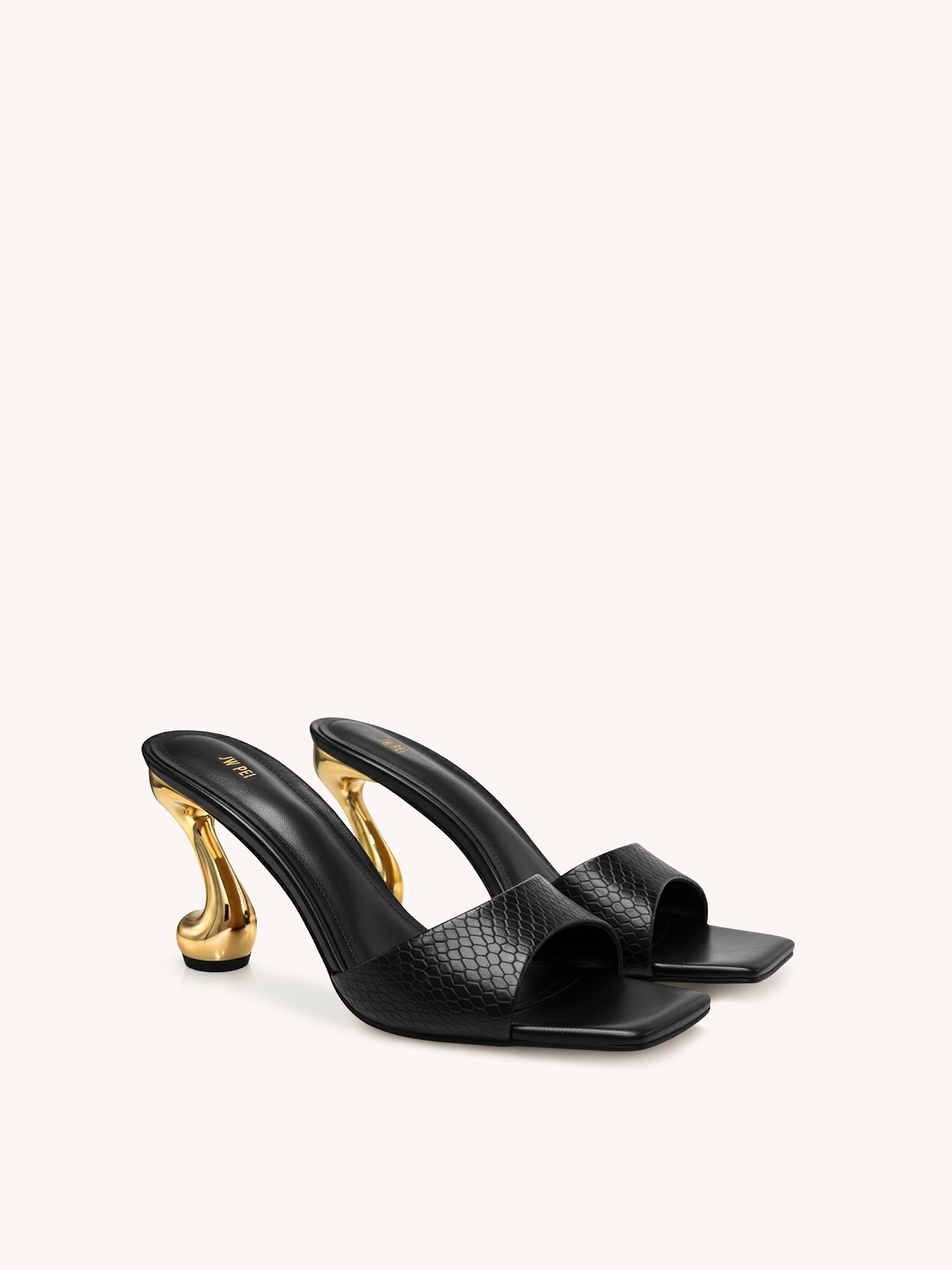Hannah Faux Snakeskin Heel Mules - Black