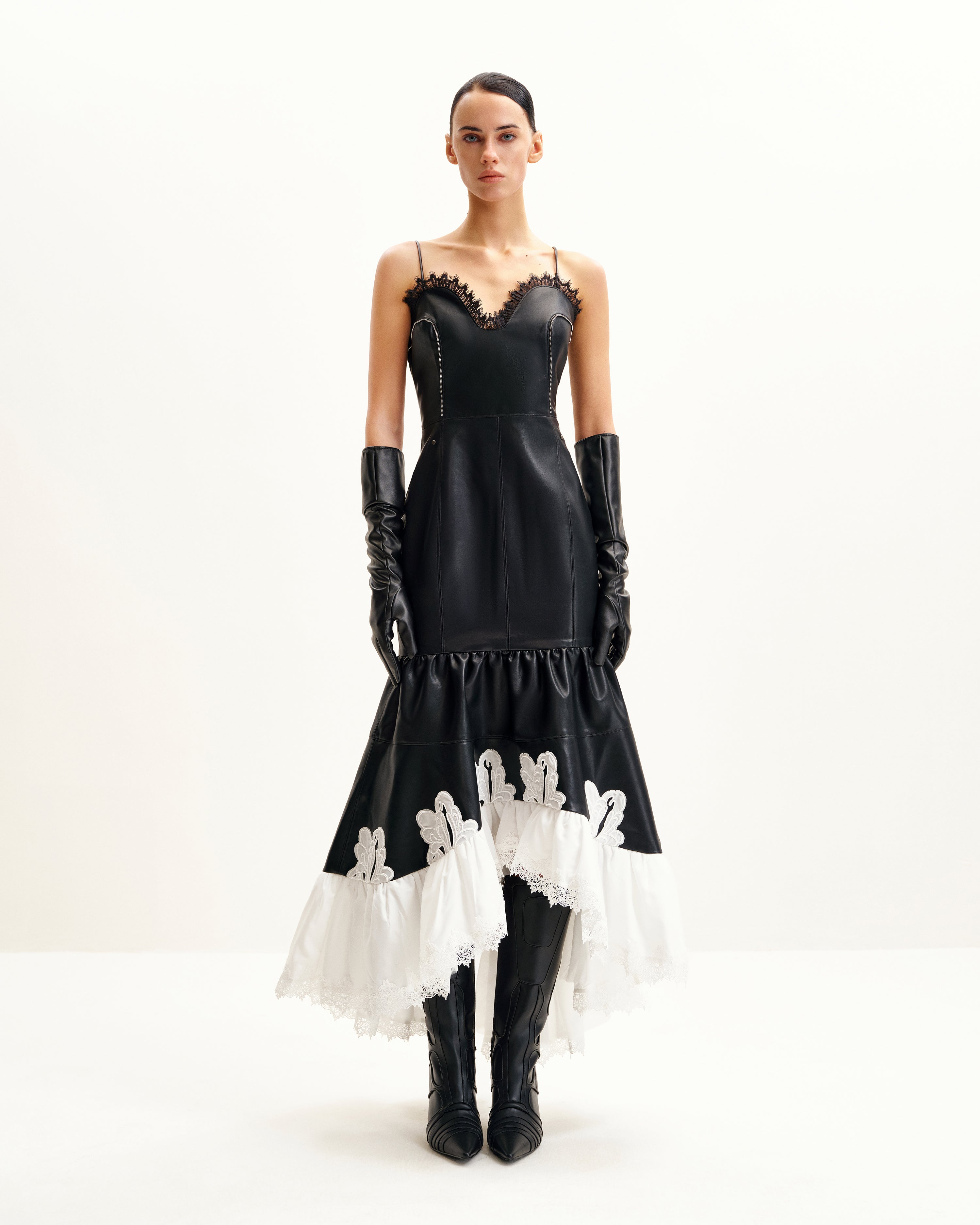 Zora Lace Trim Leather Dress - Black