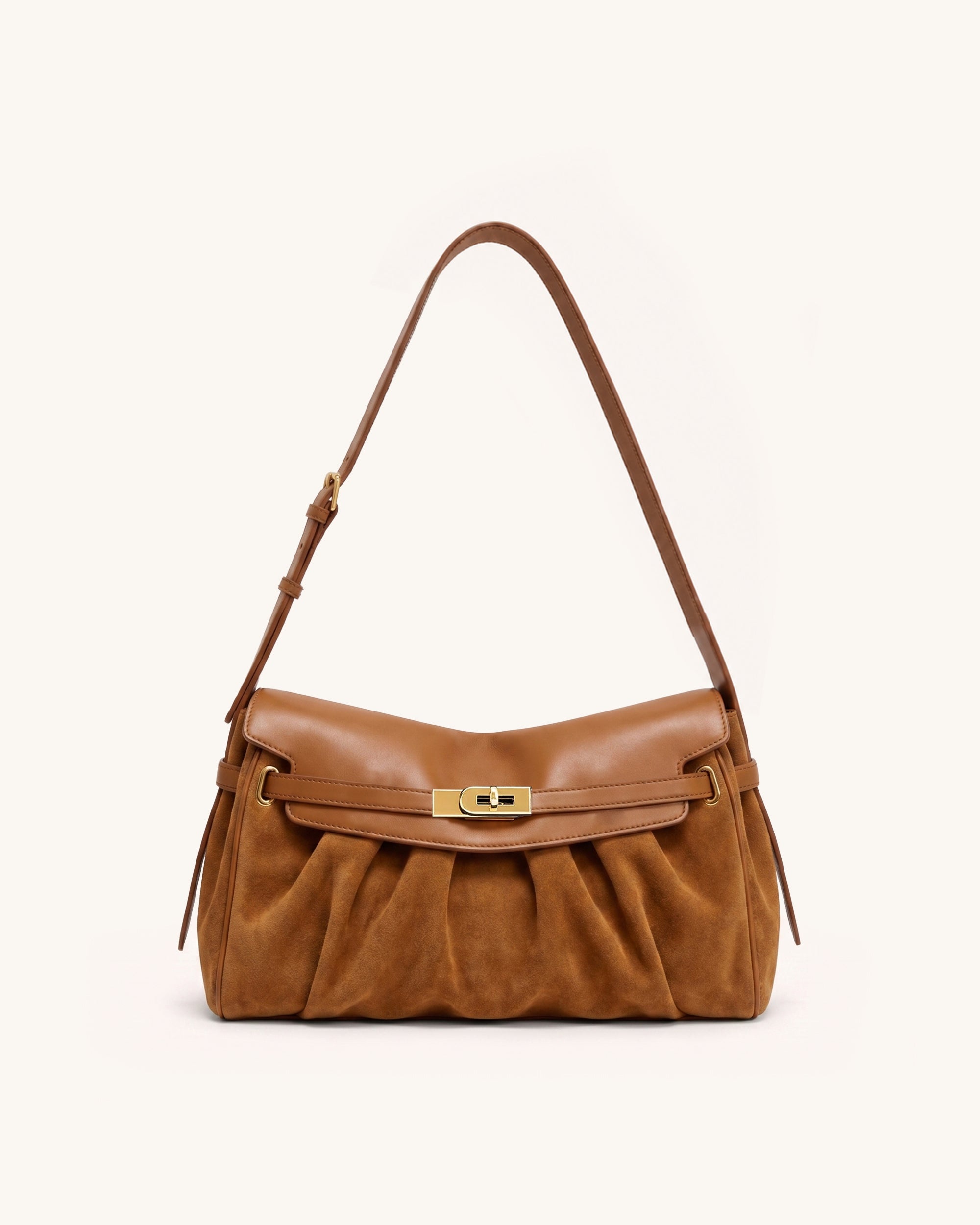 Yara East-West Ruched Flap Shoulder Bag - Camel