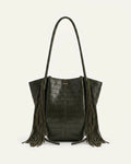 Nala Faux Suede Fringe Shoulder Bag - Dark Green Croc
