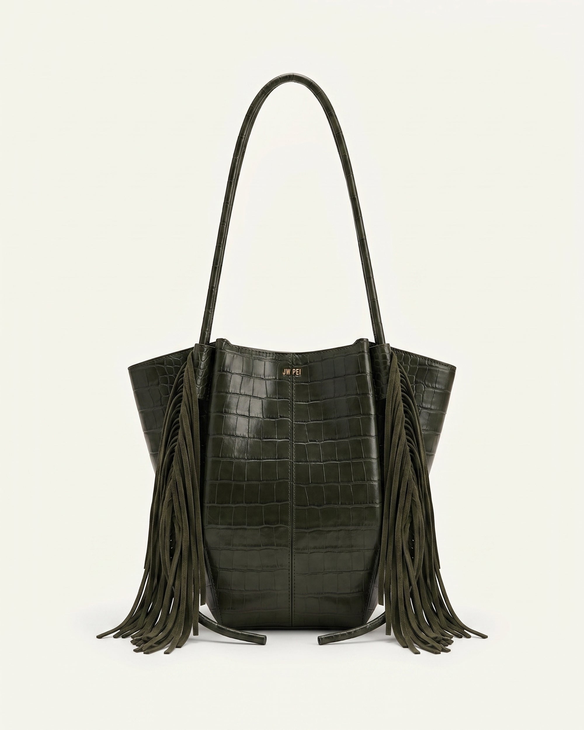 Nala Faux Suede Fringe Shoulder Bag - Dark Green Croc